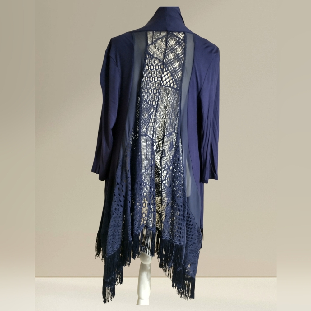 Navy Fringe Cardigan with Lace Detail
